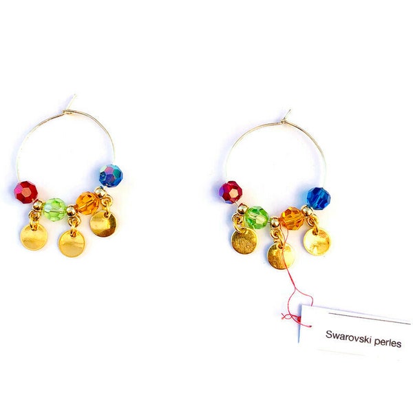 Boucles d'oreilles, BO, Créoles, perles de Swarovski et pièces plaqués or