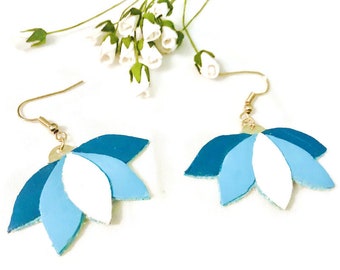 Floral earrings in recycled leather, blue and white - Jewelry for women, wedding gifts, Mother's Day