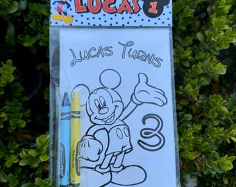 Mickey Mouse birthday personalized coloring pages with crayons Personalized party favors