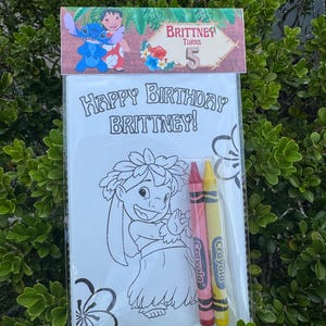 May include: A birthday coloring set featuring a Lilo & Stitch theme. The set includes a coloring page with a Lilo character, two crayons, and a banner that reads "Happy Birthday Brittney!" and "Brittney Turns 5".