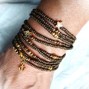 Mother Earth necklace - brown matte gold boho hippie star fish seed bead fashion jewelry long filigree endless chain bracelet necklace