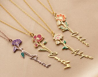 Collier de fleurs de naissance délicates avec nom, collier personnalisé de nom de fleur de naissance, collier de fleurs pour femmes, cadeaux de Noël pour filles