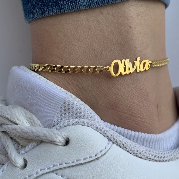 Name Anklet, Personalized Anklet, Custom Cuban Link Anklet, Sterling Silver Anklet, Gold Chain Anklet, Plus Size Anklet, 11 inch Gold Anklet