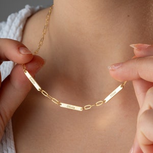 Personalized Paperclip Necklace, Multiple Name Necklace, Engraved Bar Necklace, Custom Gold Name Jewelry, Mother Necklace, Kids Name Jewelry