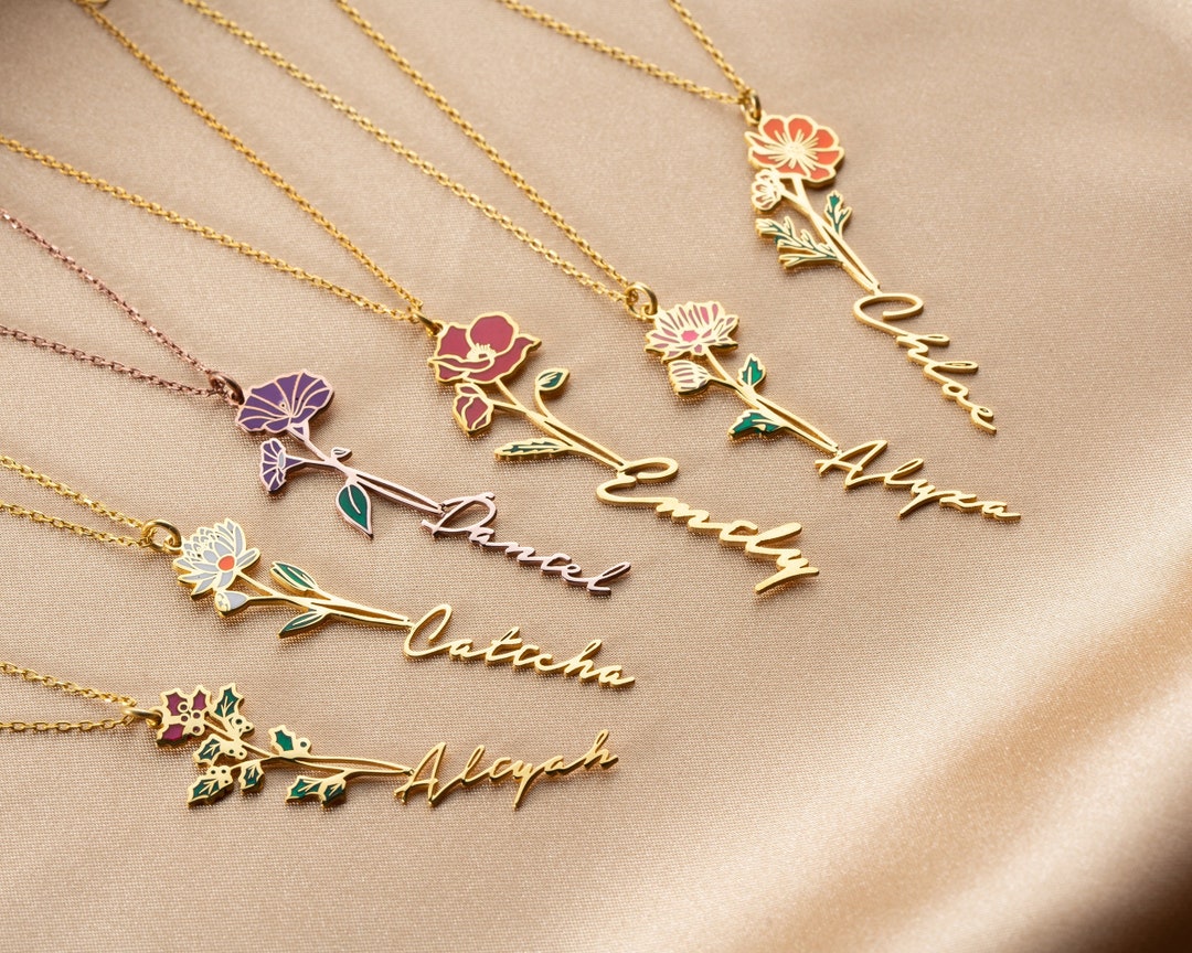 Colored Flower Necklace, Birth Flower Necklace, Floral Name Necklace ...