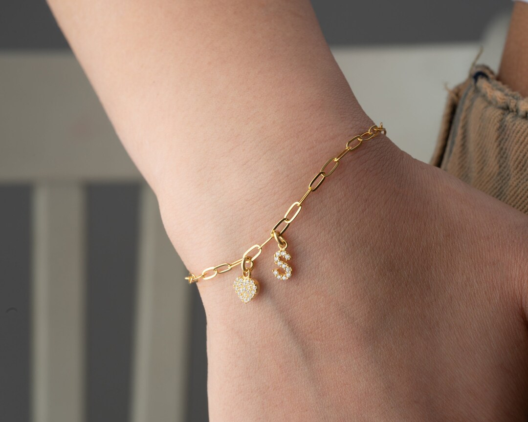 Personalized Paperclip Bracelet, Letter Initial Charm Bracelet, Link Chain Bracelet for Women