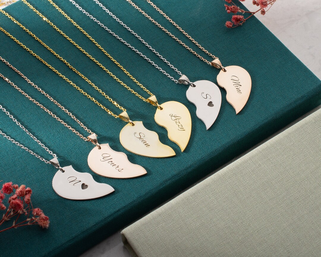 Engraved Half Heart Necklace, Matching Necklaces for Couples Silver