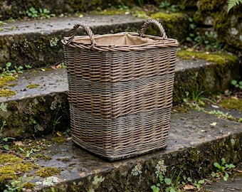 Medium Tall Square Lined Wicker Log Basket With Hessian Lining