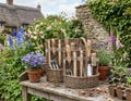 Antique Wash Willow Garden Tool Basket Set, Gardening Set, Trowel, Fork, Dibber