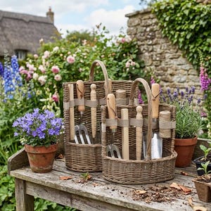 Antique Wash Willow Garden Tool Basket Set, Gardening Set, Trowel, Fork, Dibber