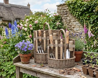 Antique Wash Willow Garden Tool Basket Set, Gardening Set, Trowel, Fork, Dibber