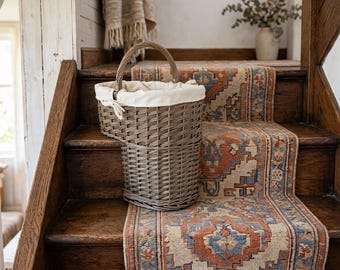 Willow Stair Basket, Antique Wash Finish Storage, With Handle