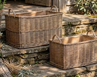 Antique Wash Rectangular Hessian Lined Baskets