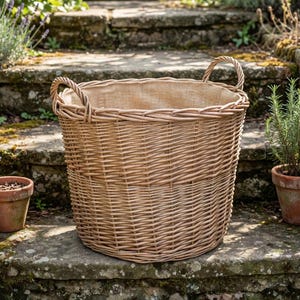 May include: A round, light brown woven wicker basket featuring two sturdy handles on the sides and a natural-coloured fabric lining inside. The basket has a tight, uniform weave pattern and a wide, open top, constructed from natural willow material.
