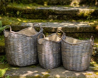 Small Medium and Large Scoop Neck Antique Wash Hessian Lined Basket