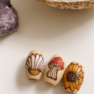 Nature Collection Sunflower, Daisy, Mushroom Dread or Braid Hair Beads. Wood Burned and Hand Painted Dreadlock Beads Set or Individual