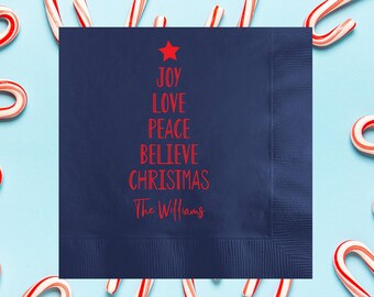 Joy Love Peace Believe Christmas Party Personalized Napkins, Custom Names Xmas Napkins, Holiday Party Napkins, Noel Cocktail Luncheon Dinner