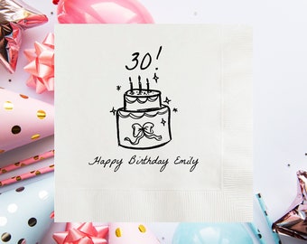 Hand Drawn Birthday Cake Personalized Birthday Party Napkins, Custom 30th Birthday Decors, Happy Birthday Favors Happy 50 Birthday