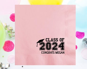 Personalized CLASS OF 2024 Graduate Cocktail Napkins, Custom Graduation Paper Printable Beverage Napkins, Congrats and Grad, Grad Hats