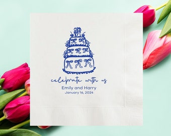 Personalized Celebrate With Us Hand Drawn Wedding Cake Napkins, Custom Wedding Cocktail Paper Napkins, Engagement Party, Rehearsal Dinner