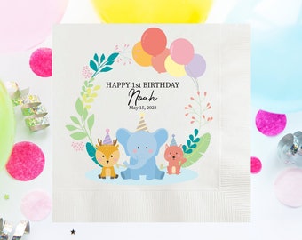 Cute Cartoon Animals for 1st Birthday Personalized Full Color Napkins, Custom First Birthday Decor, Customizable Napkins, Safari Birthday
