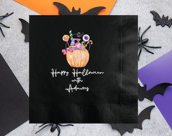 Happy Halloween 2023 Personalized Family Names Napkins, Custom Halloween Party Paper Cocktail Napkin, Event Decoration, Pumpkin Sugar Napkin