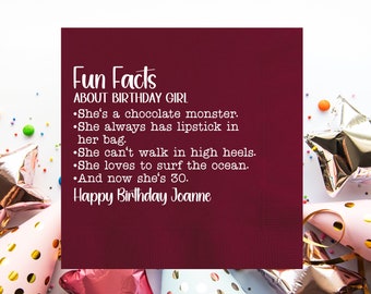 Fun Facts About Birthday Boy/Girl Custom Napkins, Personalized 30th Napkin, 50th Party Decoration, Trivia Birthday Napkins, Happy Birthday