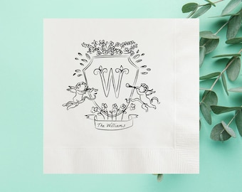 Personalized Hand Drawn Whimsical Crest For Wedding Cupid Icon Napkins, Custom Cherub Napkins, Engagement Party, Vow Renewal, Anniversary