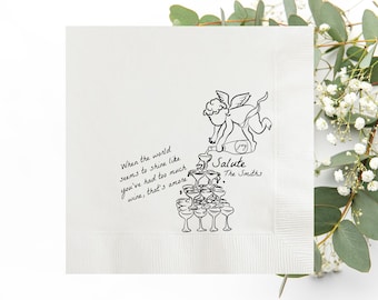 Custom Salute Cherub Hand Drawn Cupid Icon Wedding Paper Napkins, Personalized Rehearsal Dinner Cocktail Paper Napkins, Engagement Party