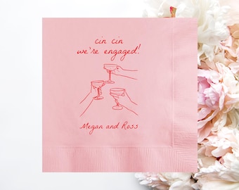 Personalized Cin Cin We&#39;re Engaged Hand Drawn Glasses Napkins, Custom Wedding Cocktail Paper Napkins, Engagement Party, Rehearsal Dinner
