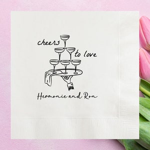 Personalized Cheers to Love Hand Drawn Glasses Wedding Napkins, Custom Wedding Cocktail Napkins, Engagement Party, Vow Renewal, Anniversary