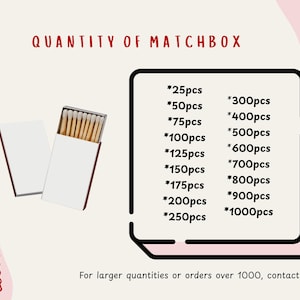 a collection of matchbox sizes, ranging from 25p to over 1000p, with corresponding quantities. The text indicates that for larger quantities or orders over 1000, one should contact the company.