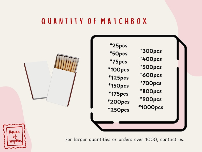 a collection of matchbox sizes, ranging from 25p to over 1000p, with corresponding quantities. The text indicates that for larger quantities or orders over 1000, one should contact the company.