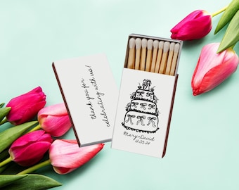 Cajas de cerillas personalizadas con forma de pastel de bodas dibujado a mano