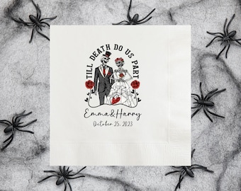 Til Death Do Us Part Skeleton Bride and Groom Personalized Wedding Cocktail Napkins