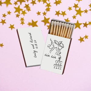Cin Cin Cherub Hand Drawn Cupid Icon Personalized Wedding Match Boxes, Custom Engagement Two-Side Matches, Memorable Gifts, Party Favors
