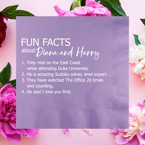 Fun Facts Bride Groom Custom Napkins, Trivia Personalized Wedding Napkin, Vow Renewal, Anniversary, Rehearsal Dinner, Engagement Party Decor