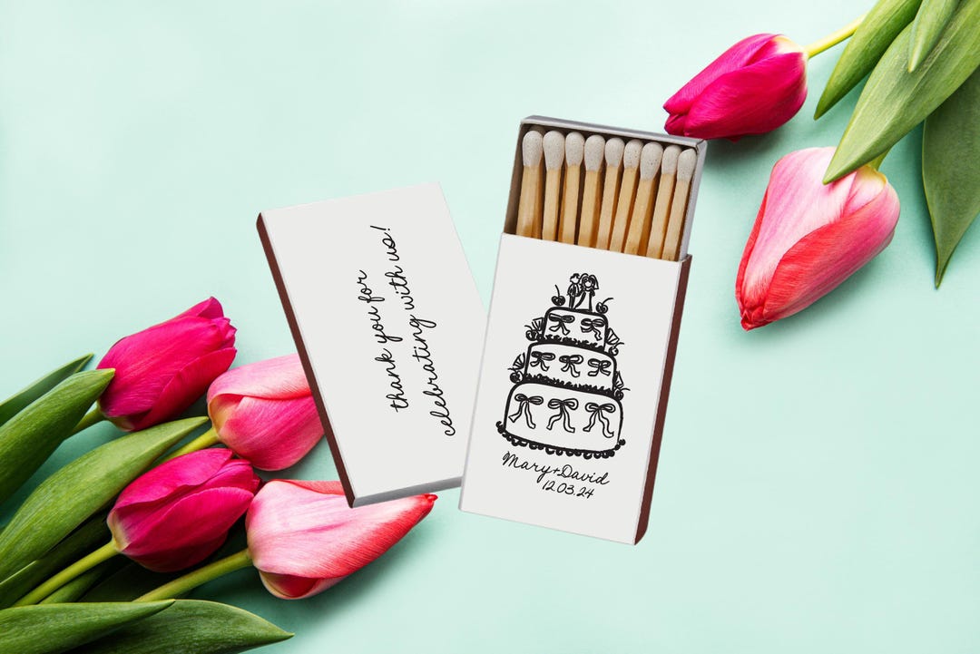 Hand Drawn Wedding Cake Personalized Wedding Celebrating Match Boxes ...