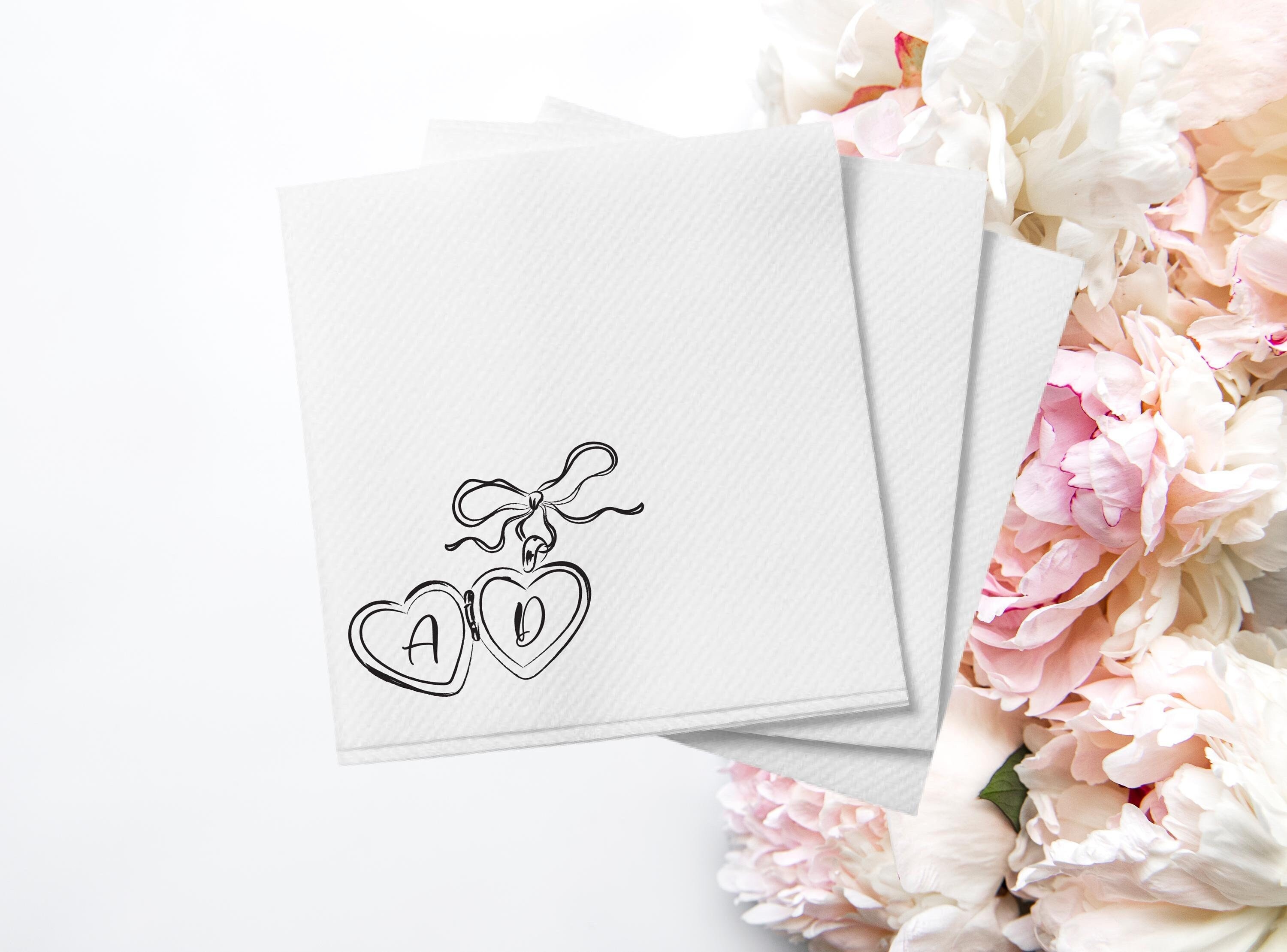 Linen Like Personalized Whimsical Heart Locket Initials Custom Wedding Cocktail Napkins, Engagement Party, Vow Renewal, Anniversary