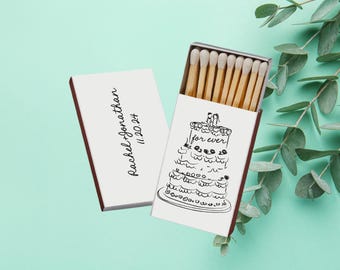 Cajas de cerillas personalizadas con diseño de pastel de bodas dibujado a mano para siempre