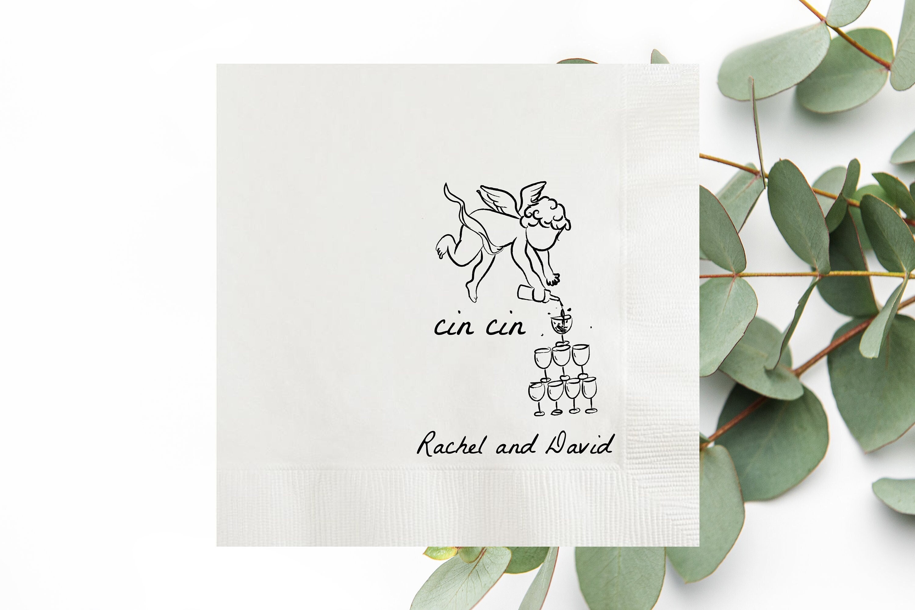 Personalized Cin Cin Cherub Hand Drawn Cupid Icon Wedding Napkins, Custom Vow Cocktail Paper Napkins, Engagement Party, God of Love Napkins