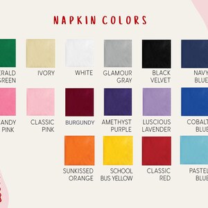 a collection of napkin colors, including various shades of green, white, pink, and blue, along with their names.
