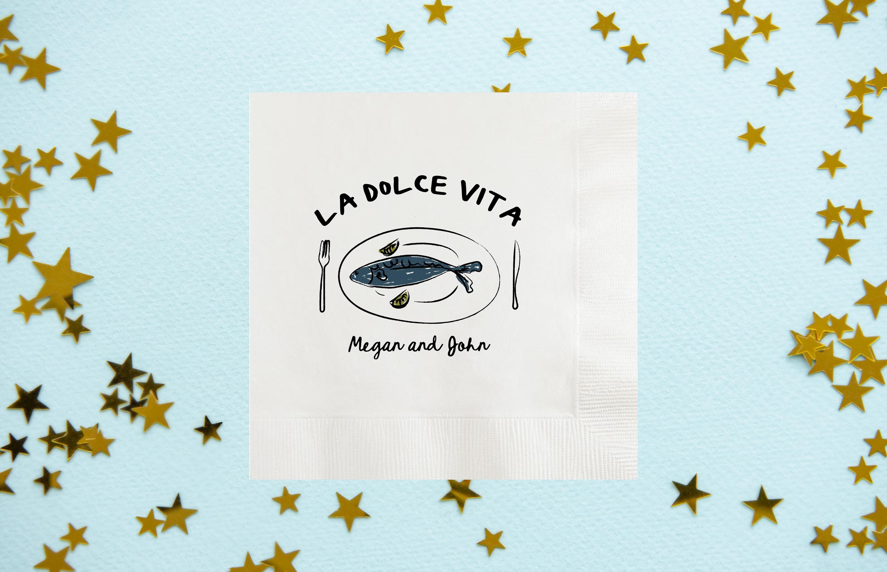 La Dolce Vita Sardines Personalized Whimsical Wedding Italian Theme Cocktail Sardines Napkins, Custom Dinner Party, Engagement, Rehearsal