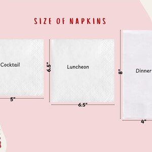 three different sizes of napkins: a cocktail napkin, a luncheon napkin, and a dinner napkin, each with its own size indicated.