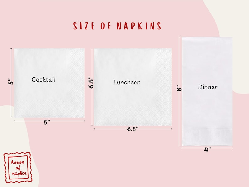 three different sizes of napkins: a cocktail napkin, a luncheon napkin, and a dinner napkin, each with its own size indicated.