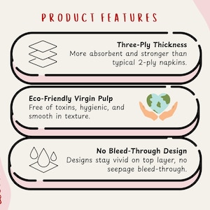 The image is a product features graphic that highlights the benefits of three-ply thickness napkins, eco-friendly virgin pulp, and no blood-through design.