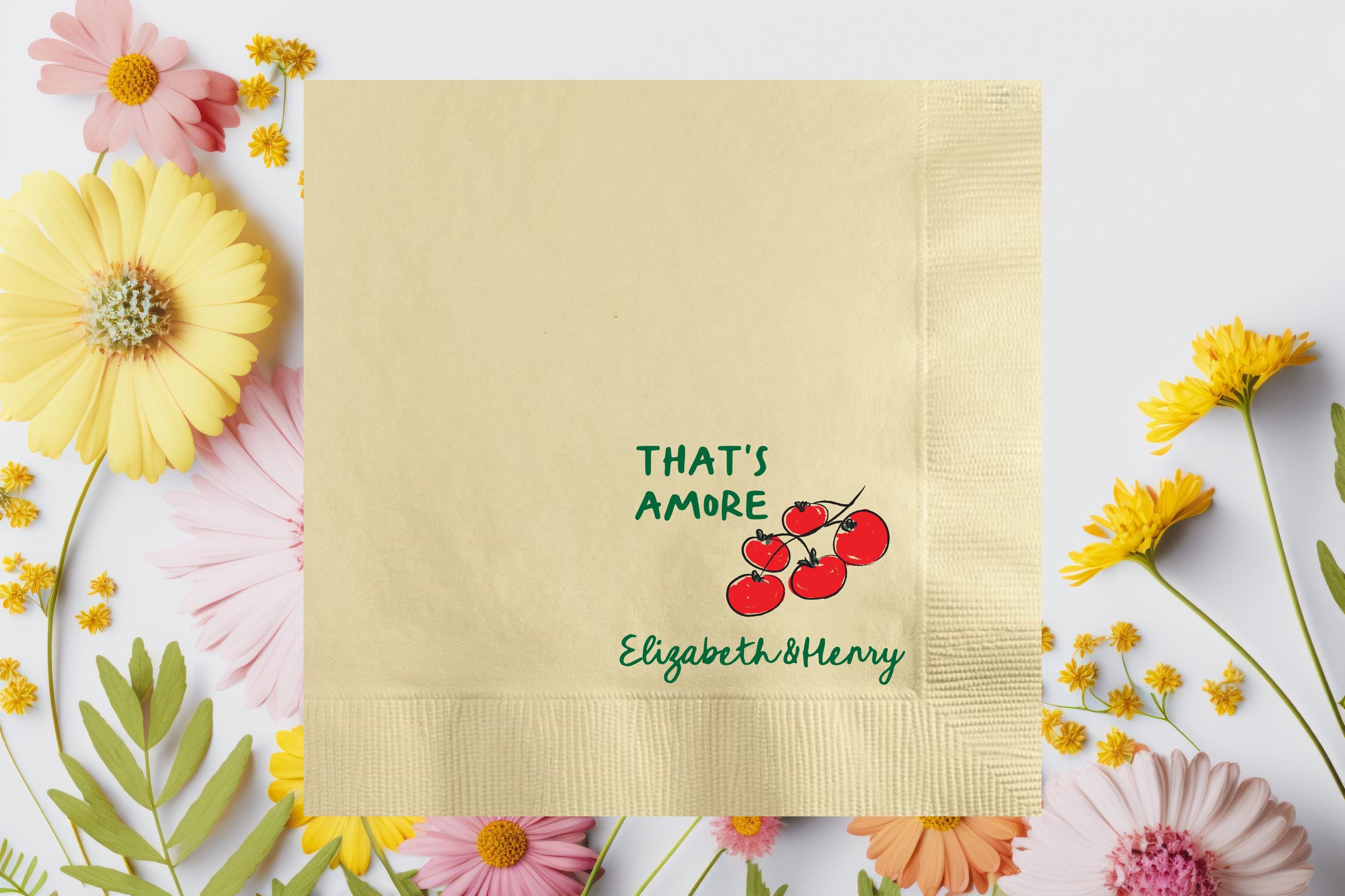 That's Amore Personalized Whimsical Wedding Italian Theme Cocktail Tomatoes Napkins, Custom Pizza Bar Party, Engagement, Rehearsal Dinner