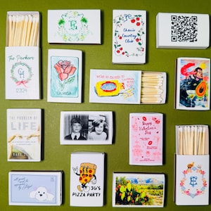 a green wall covered in pictures and matches