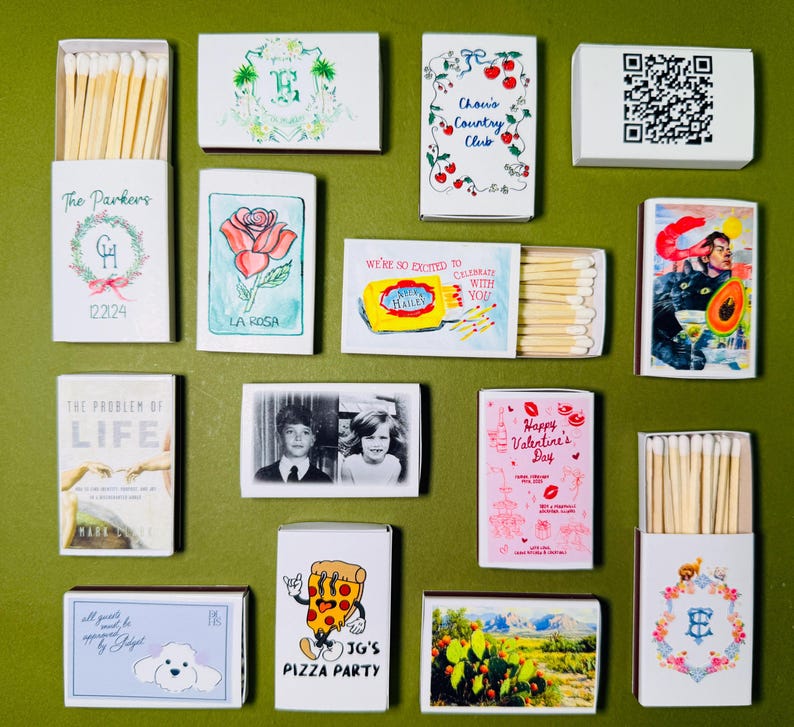 a green wall covered in pictures and matches