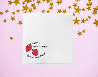 Love Is Berry Sweet Strawberry Personalized Linen Like Cocktail Napkins, Whimsical Wedding, Custom Engagement Party, Vow, Bridal Shower